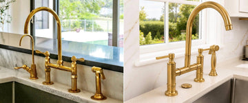 Two unlacquered brass bridge kitchen faucets with side sprayers