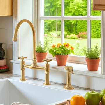 Patina Luxe Unlacquered Brass Bridge Kitchen Faucet with Side Sprayer