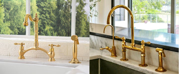 Unlacquered brass bridge kitchen faucets