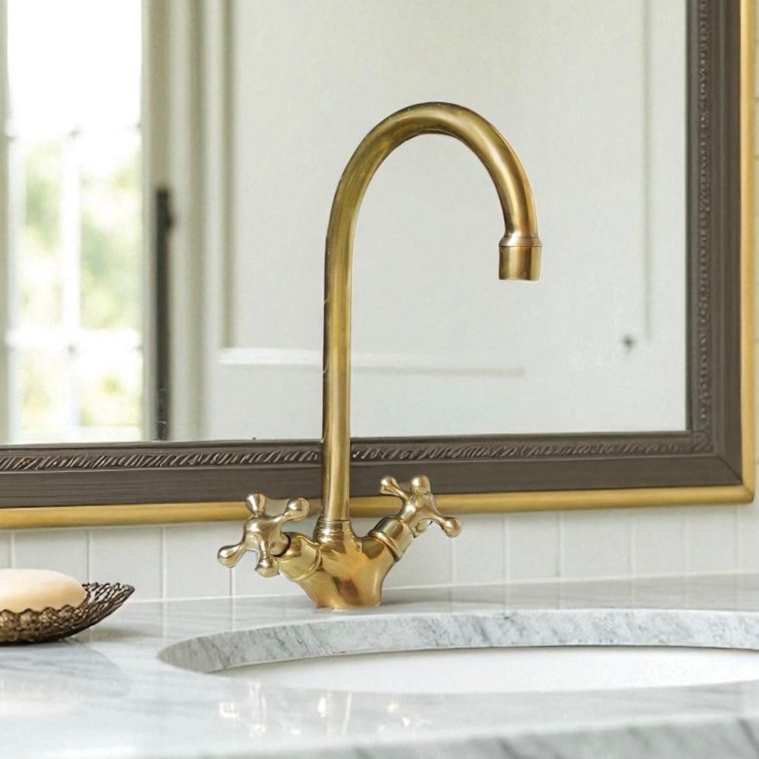 Gooseneck Unlacquered Brass Basin Faucet – Vintage Double Handle Single Hole Bathroom Sink Faucet
