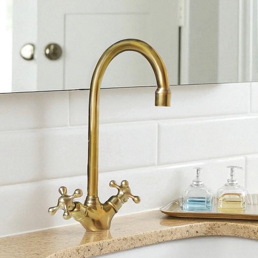 Gooseneck Unlacquered Brass Basin Faucet – Vintage Double Handle Single Hole Bathroom Sink Faucet