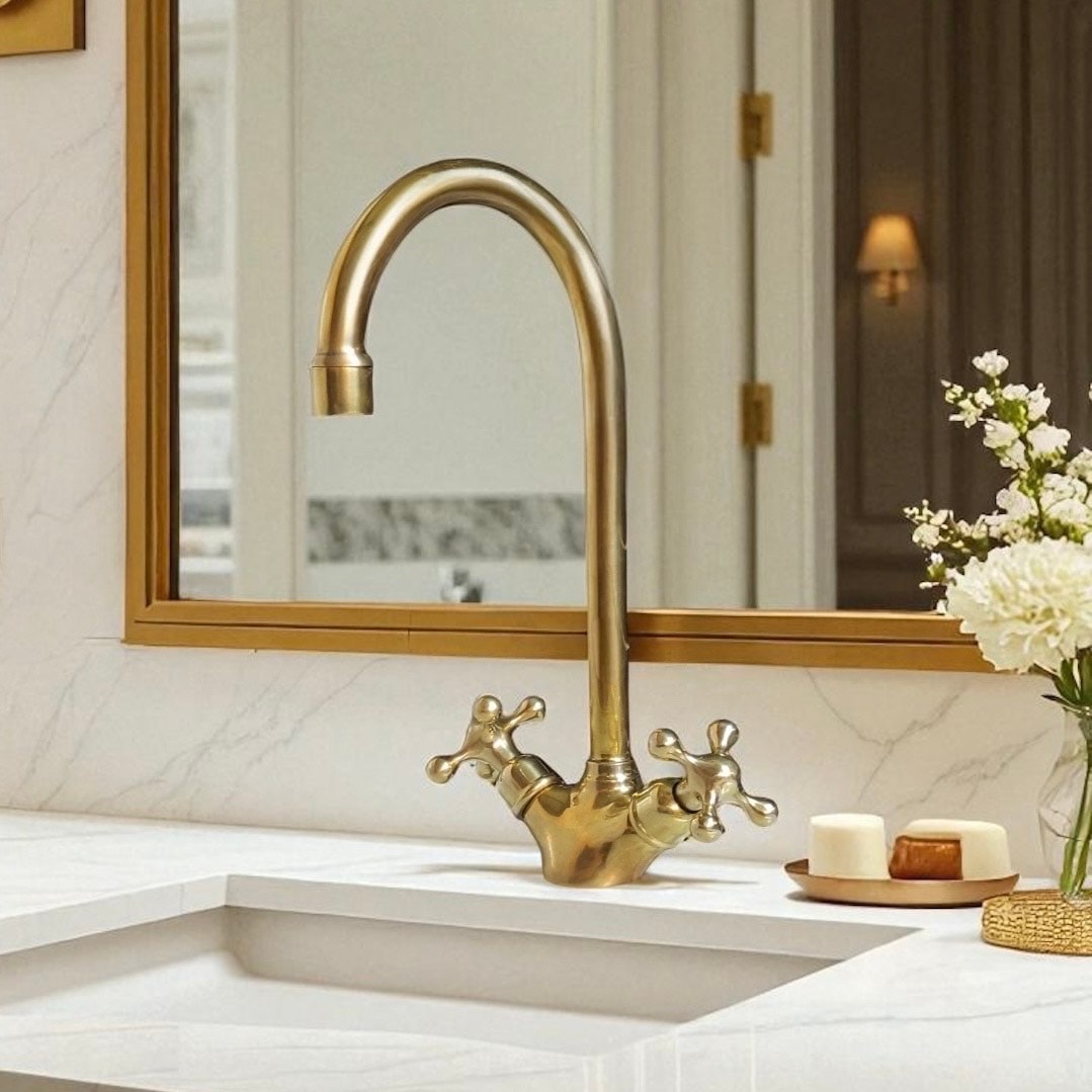 Gooseneck Unlacquered Brass Basin Faucet – Vintage Double Handle Single Hole Bathroom Sink Faucet