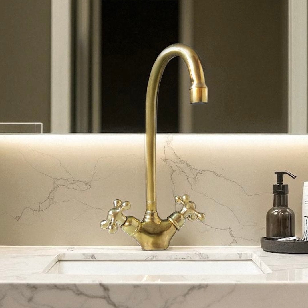 Gooseneck Unlacquered Brass Basin Faucet – Vintage Double Handle Single Hole Bathroom Sink Faucet