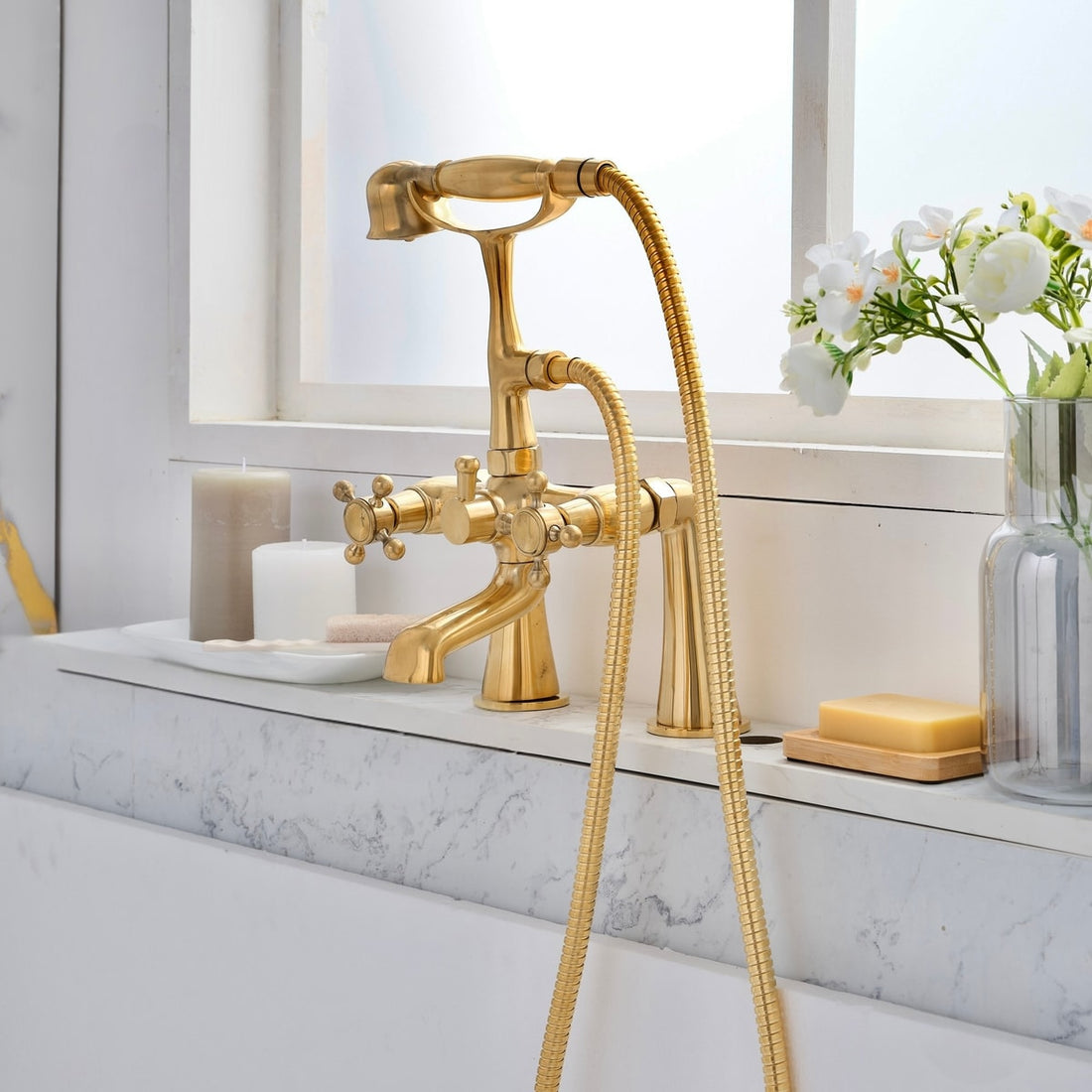 Unlacquered Brass Deck Mount Tub Faucet with Hand Shower