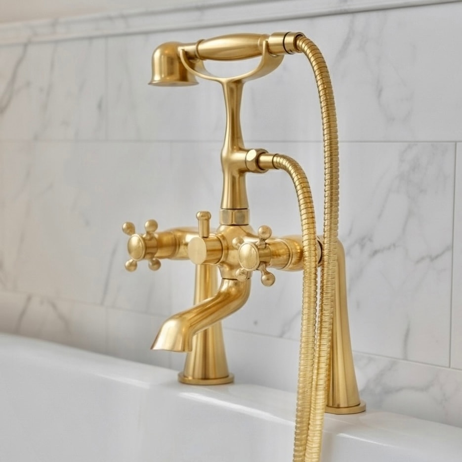 Unlacquered Brass Deck Mount Tub Faucet with Hand Shower