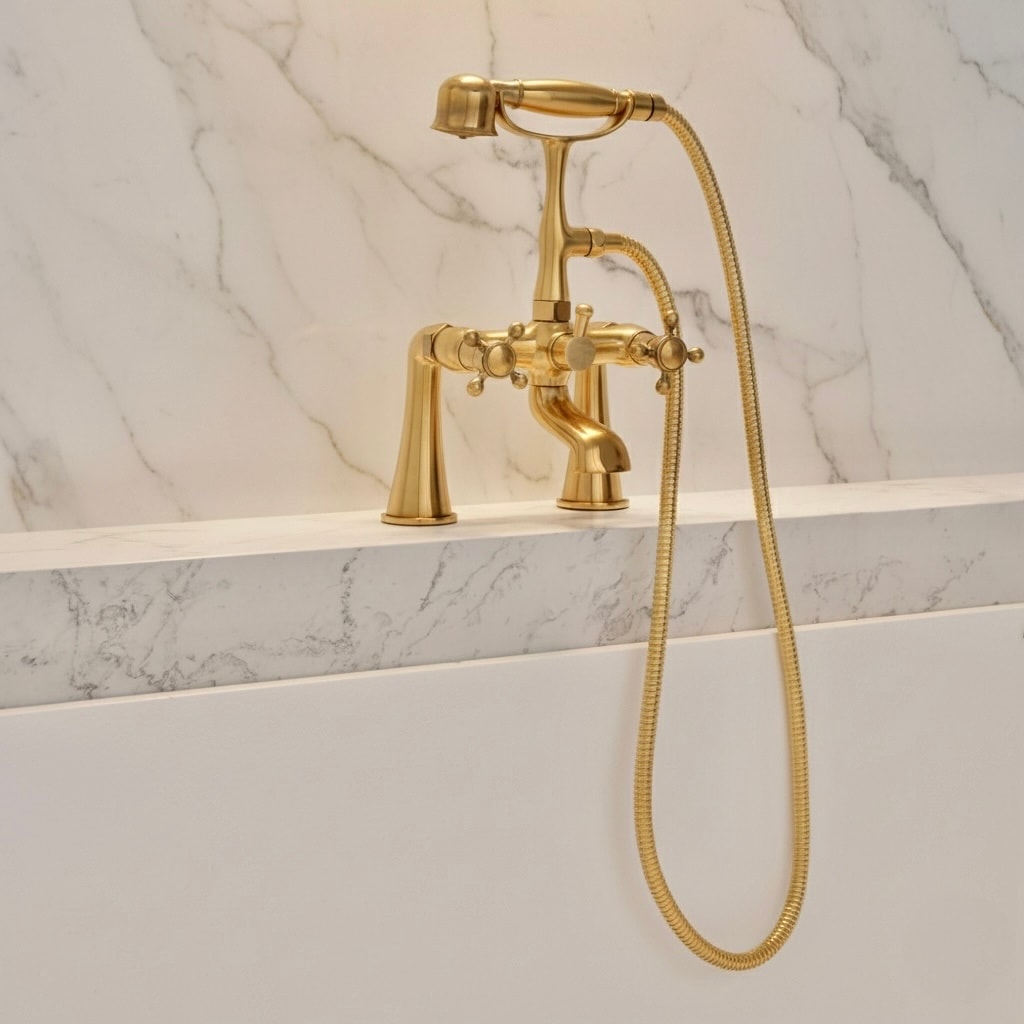 Unlacquered Brass Deck Mount Tub Faucet with Hand Shower