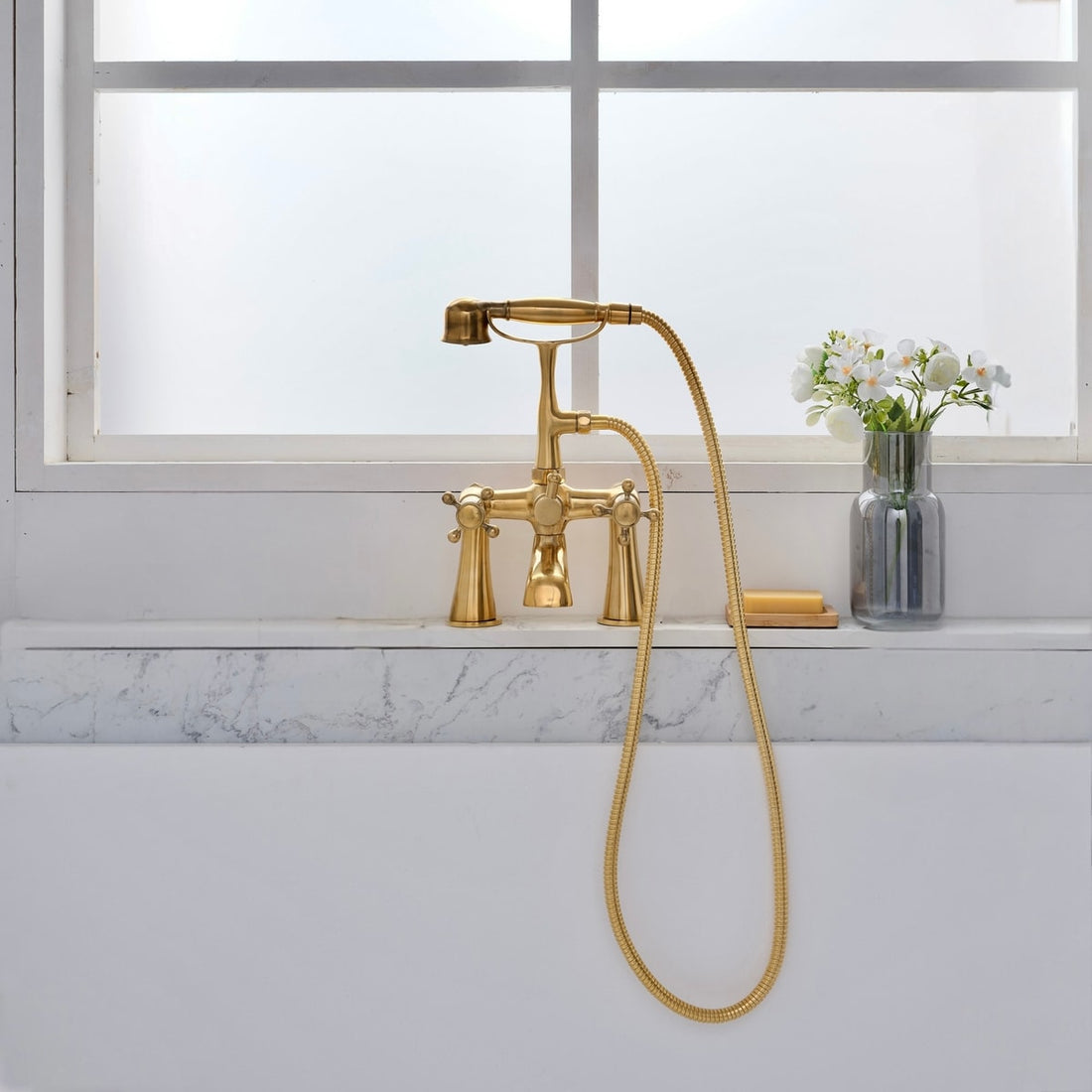Unlacquered Brass Deck Mount Tub Faucet with Hand Shower