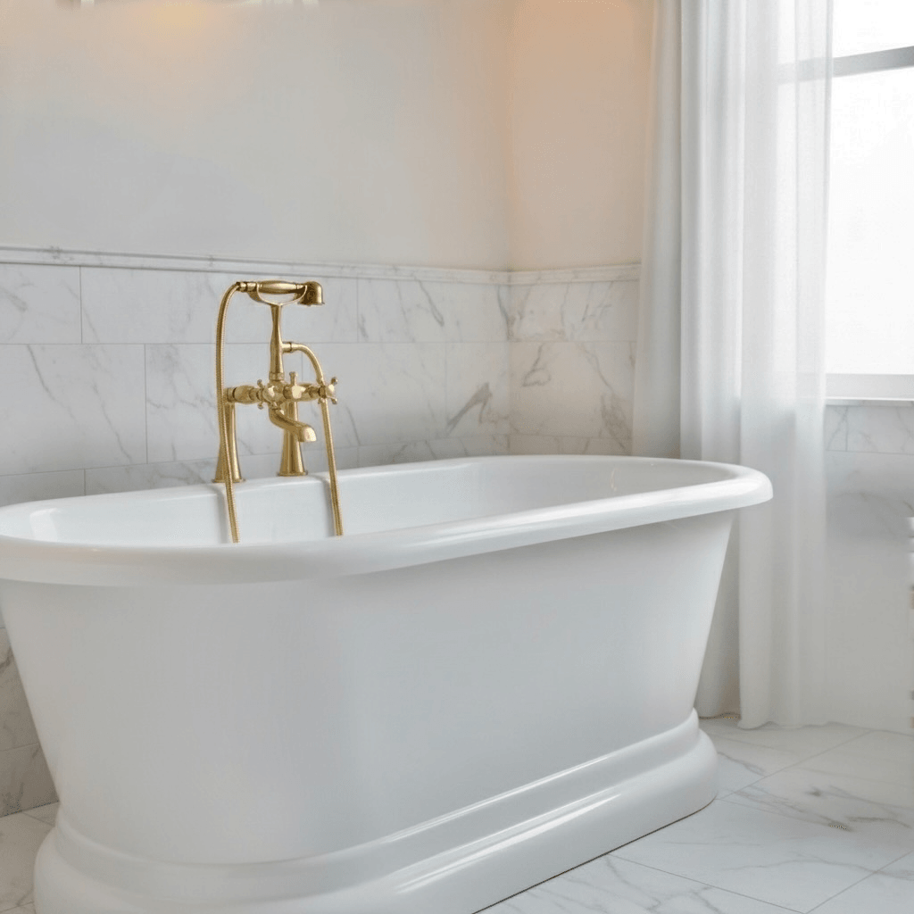 Unlacquered Brass Deck Mount Tub Faucet with Hand Shower