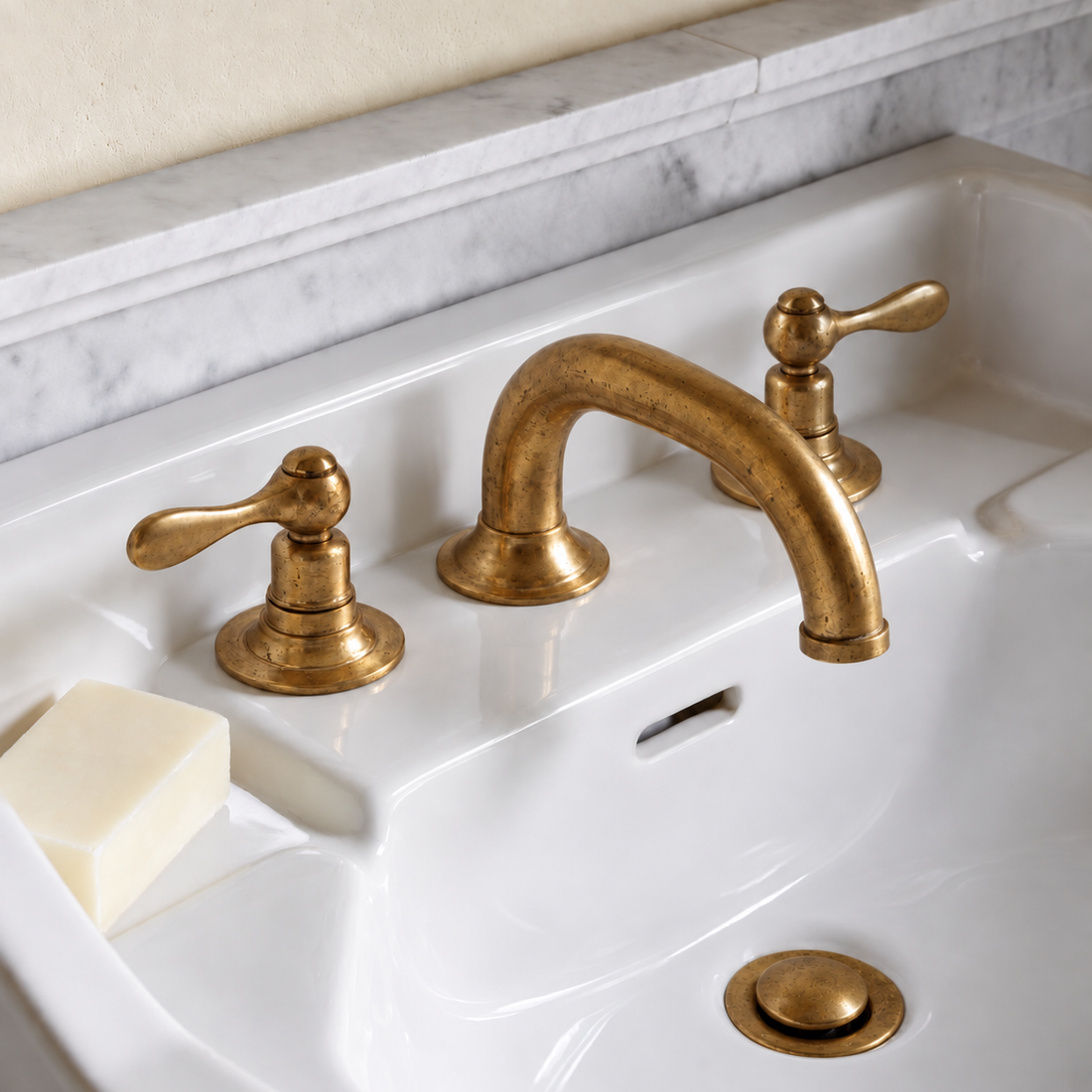 Robinet de salle de bain à col de cygne avec poignées en croix – Laiton non verni