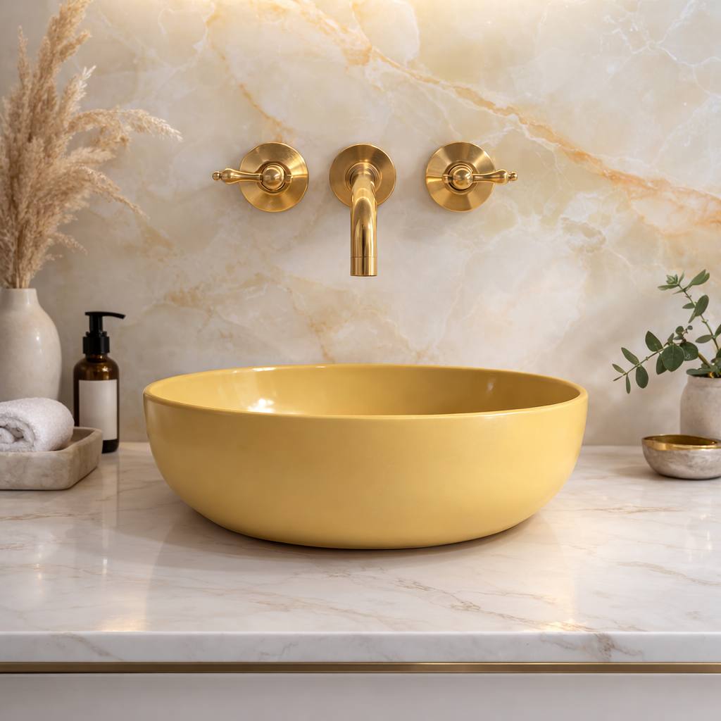 Robinet de salle de bain mural Clayton avec poignées en croix – Laiton non verni