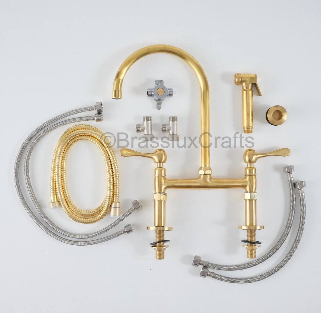 Robinet de cuisine à pont en laiton non verni de 15 cm (6 po), style îlot vintage