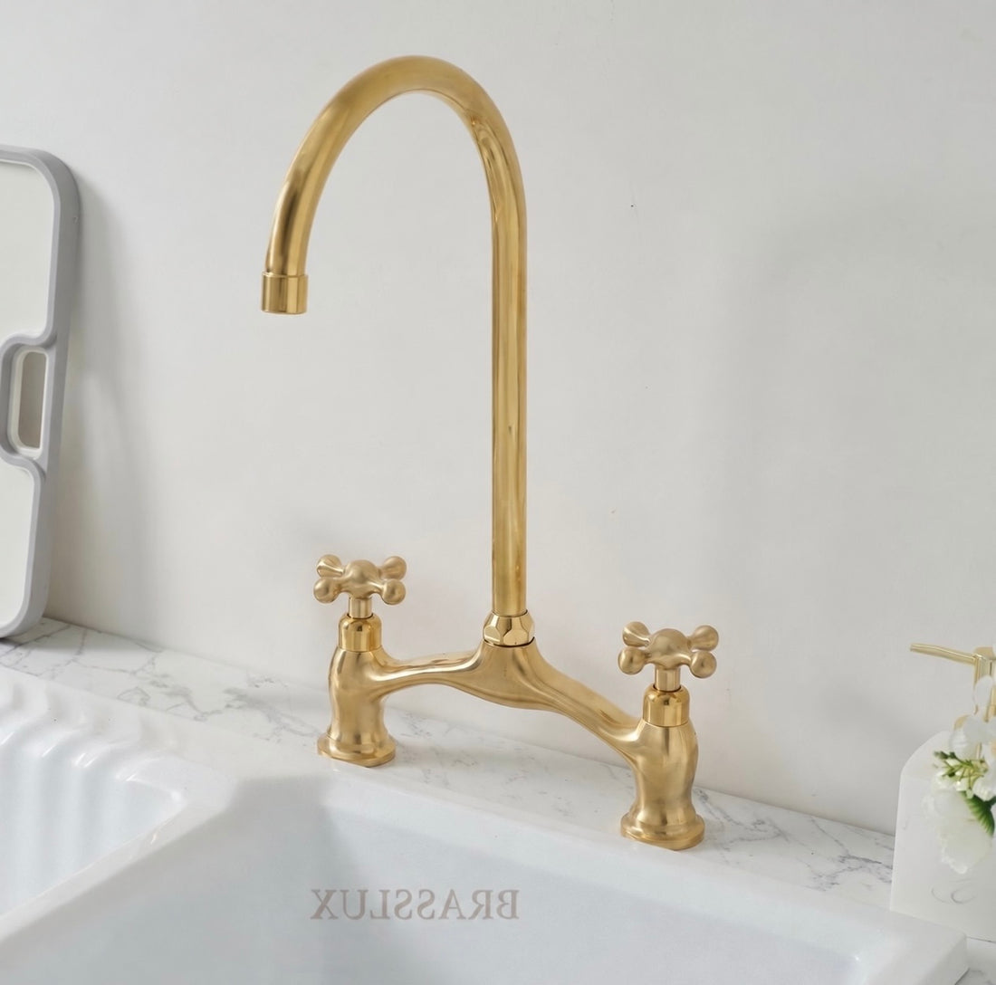 Robinet de cuisine en laiton non verni – Robinet d'évier de 20 cm avec poignées à levier et douchette
