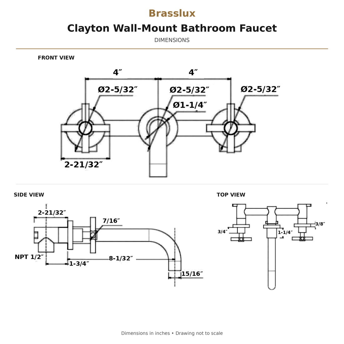 Robinet de salle de bain mural Clayton avec poignées en croix – Laiton non verni