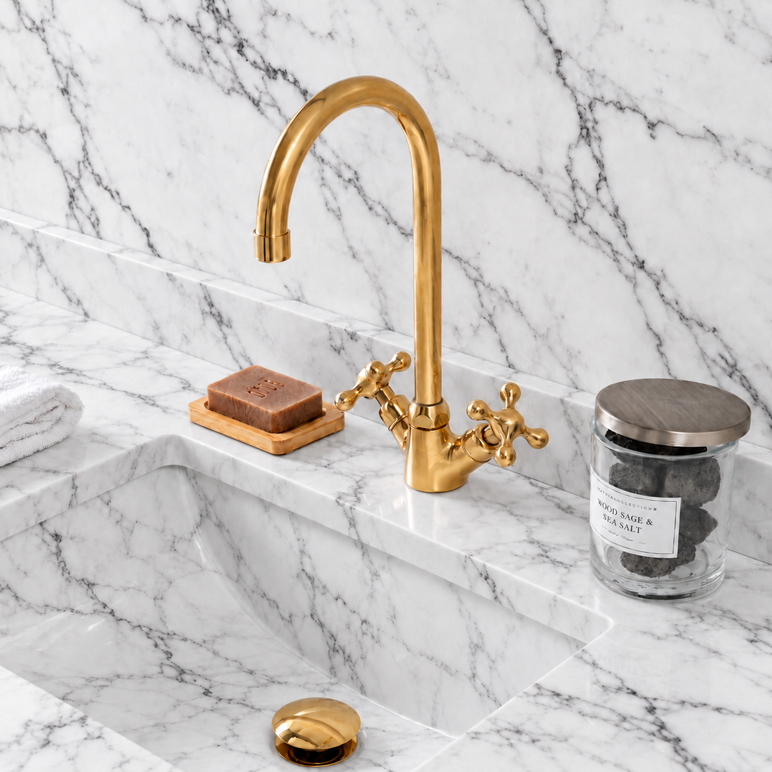 Robinet de salle de bain Monaco monotrou avec poignées en croix – Laiton non verni