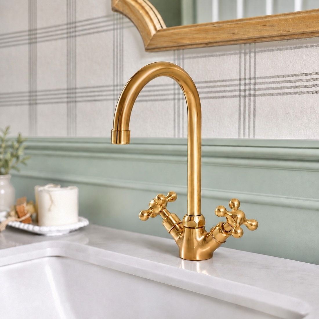 Robinet de salle de bain Monaco monotrou avec poignées en croix – Laiton non verni