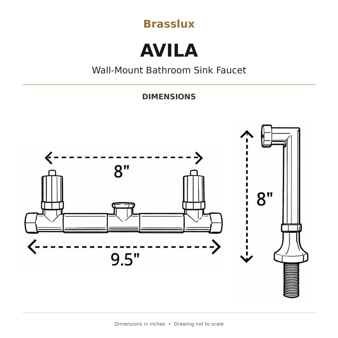 Robinet de salle de bain mural Avila avec poignées en croix simples – Laiton non verni