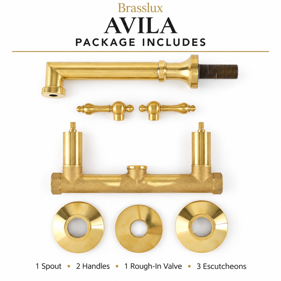 Robinet de salle de bain mural Avila avec poignées en croix simples – Laiton non verni