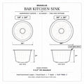 Round hammered copper bar sink dimensions, 14 inch and 16 inch sizes, 7 inch depth, flat trim 1 inch, 3.5 inch drain
