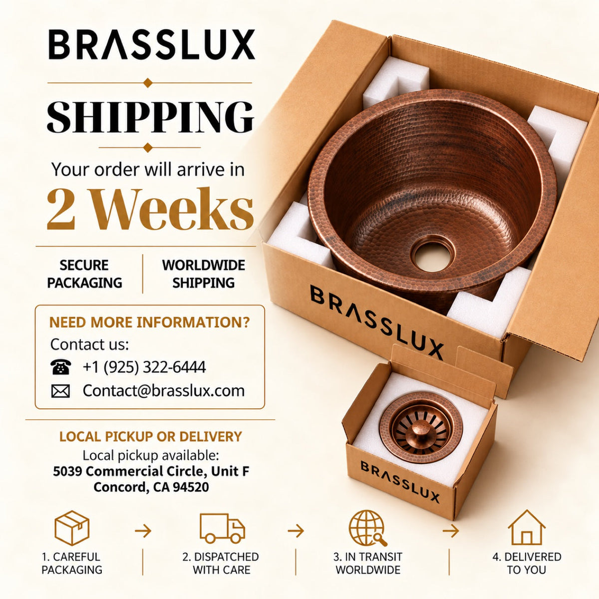 Brasslux round antique copper bar sink packaging and shipping, delivery in 2 weeks, local pickup in Concord California