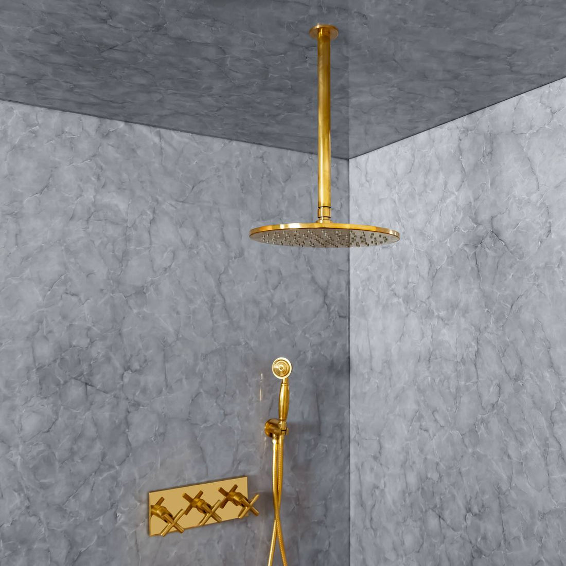 Ceiling Mount Rain Shower System with Hand Shower – Unlacquered Brass