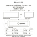 Hammered copper farmhouse kitchen sink dimensions, 30 33 and 36 inch, bowl sizes, 9 inch depth, 3.5 inch drain, 16 gauge