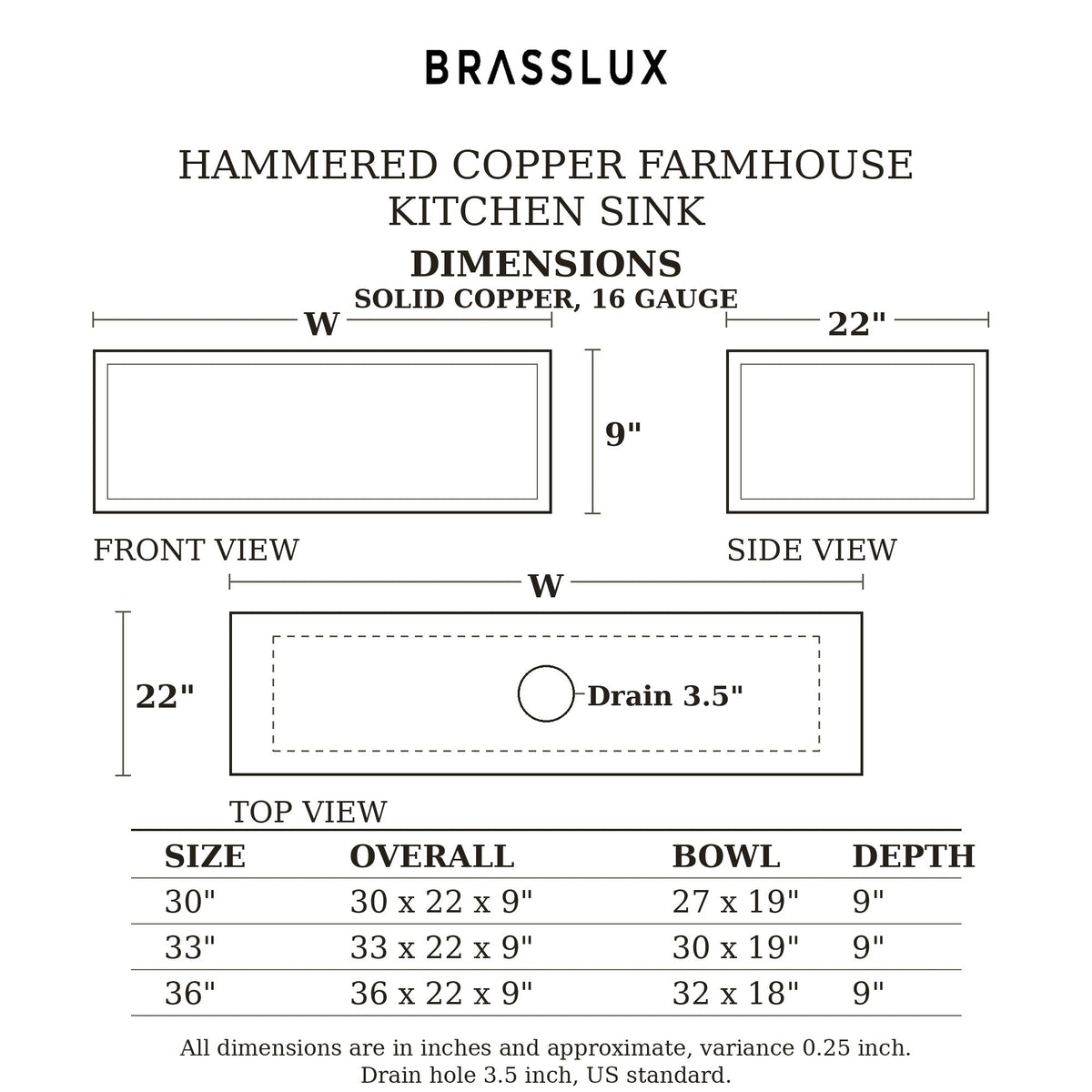Hammered copper farmhouse kitchen sink dimensions, 30 33 and 36 inch, bowl sizes, 9 inch depth, 3.5 inch drain, 16 gauge