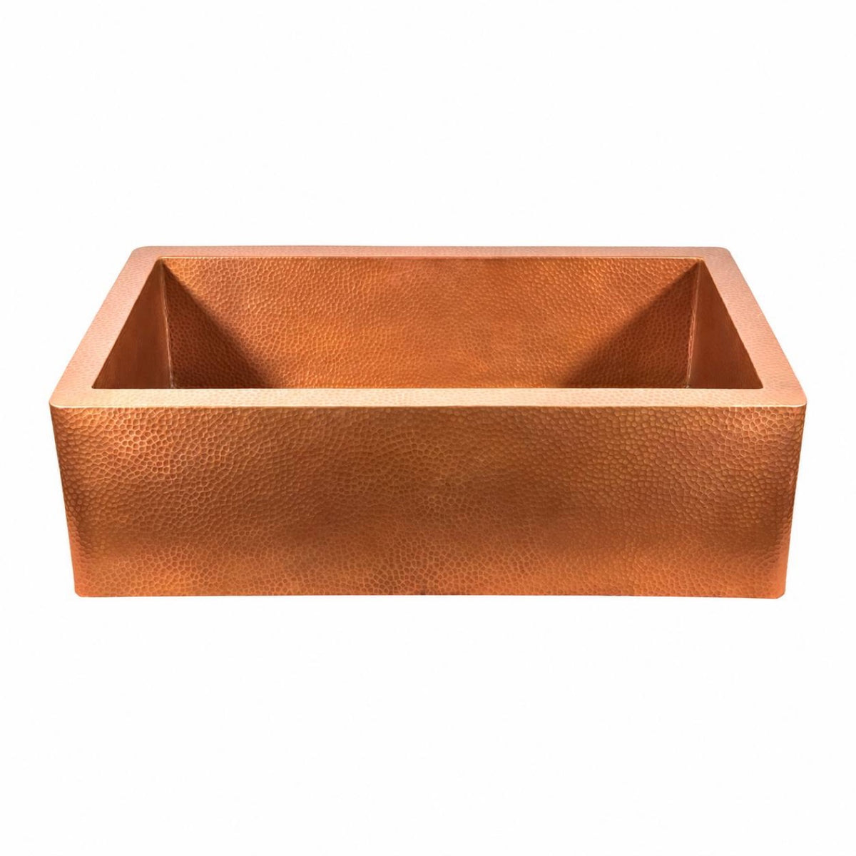 Hammered copper farmhouse kitchen sink, apron front view on a white background