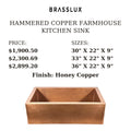 Brasslux hammered copper farmhouse kitchen sink sizes and prices, Honey Copper finish