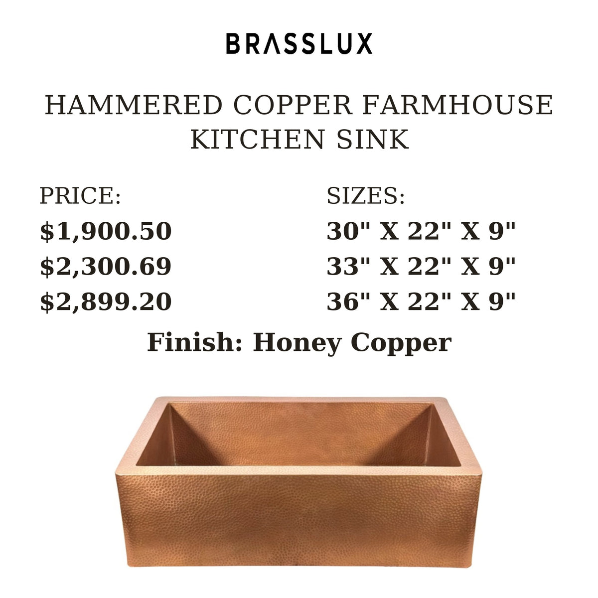 Brasslux hammered copper farmhouse kitchen sink sizes and prices, Honey Copper finish