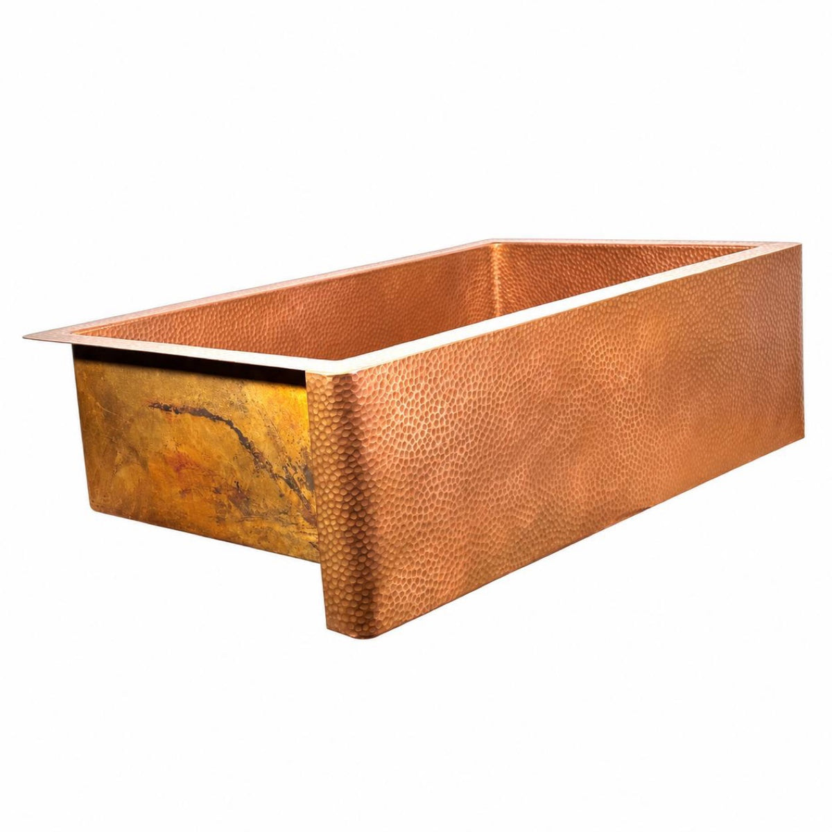 Hammered copper farmhouse kitchen sink, side angle showing the apron front and rim