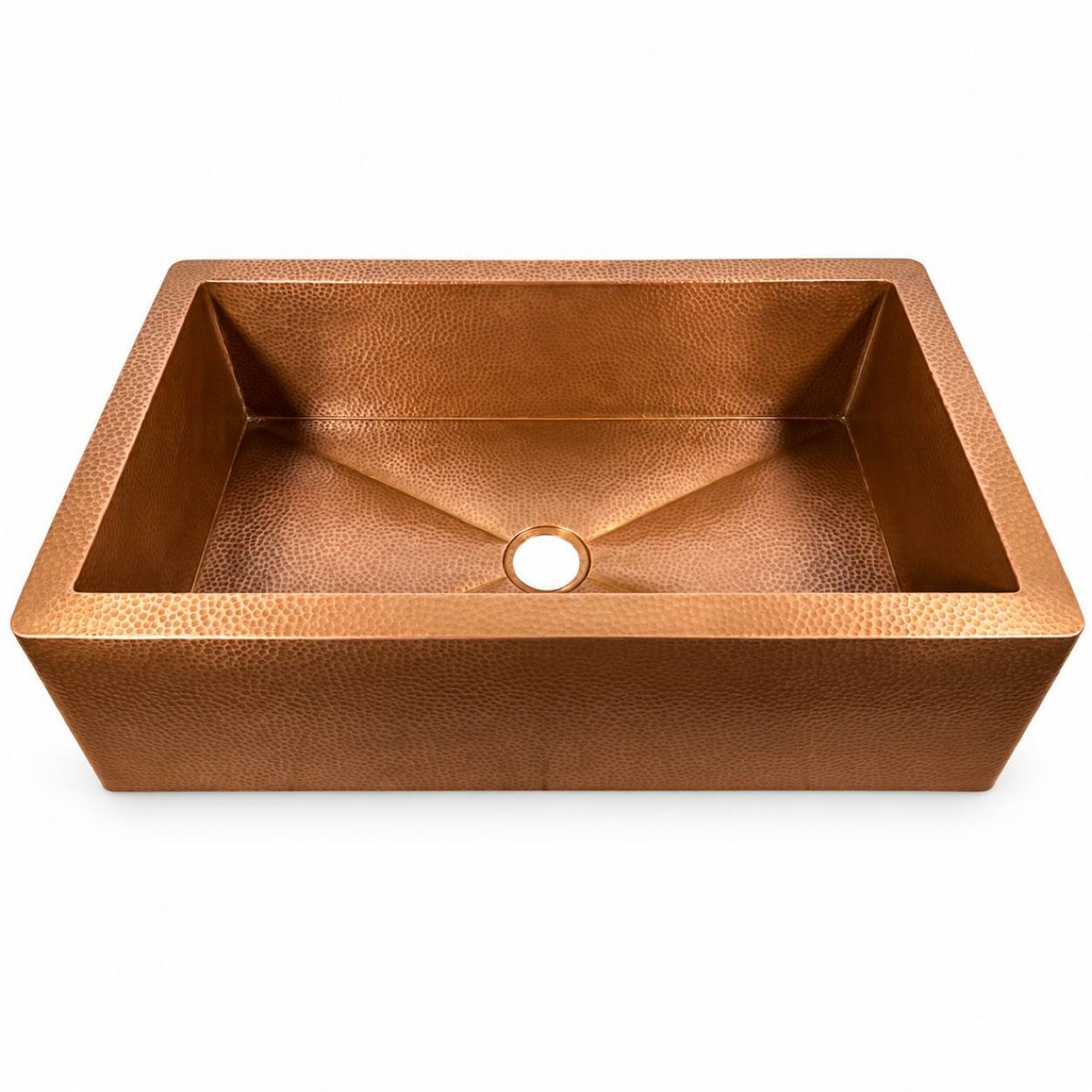Hammered copper farmhouse kitchen sink, top view showing the bowl and 3.5 inch drain hole