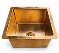 Hammered unlacquered brass bar sink, solid brass square prep sink with flat rim and matching brass strainer