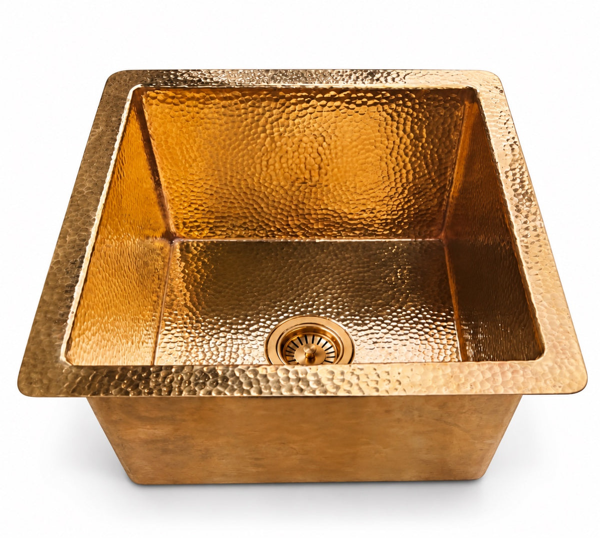 Hammered unlacquered brass bar sink, solid brass square prep sink with flat rim and matching brass strainer