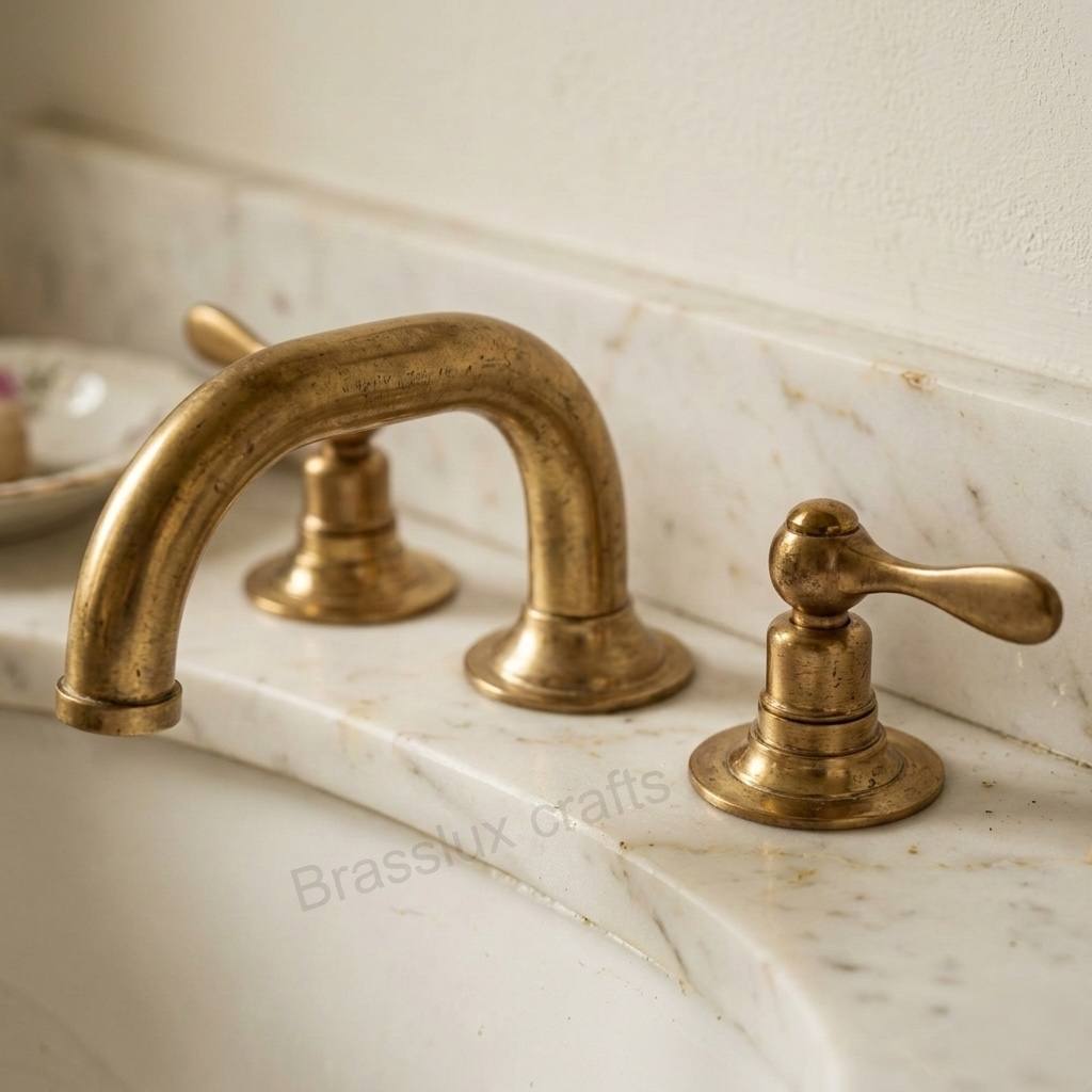 Gooseneck Widespread Unlacquered Brass Bathroom Faucet – Lever Handles