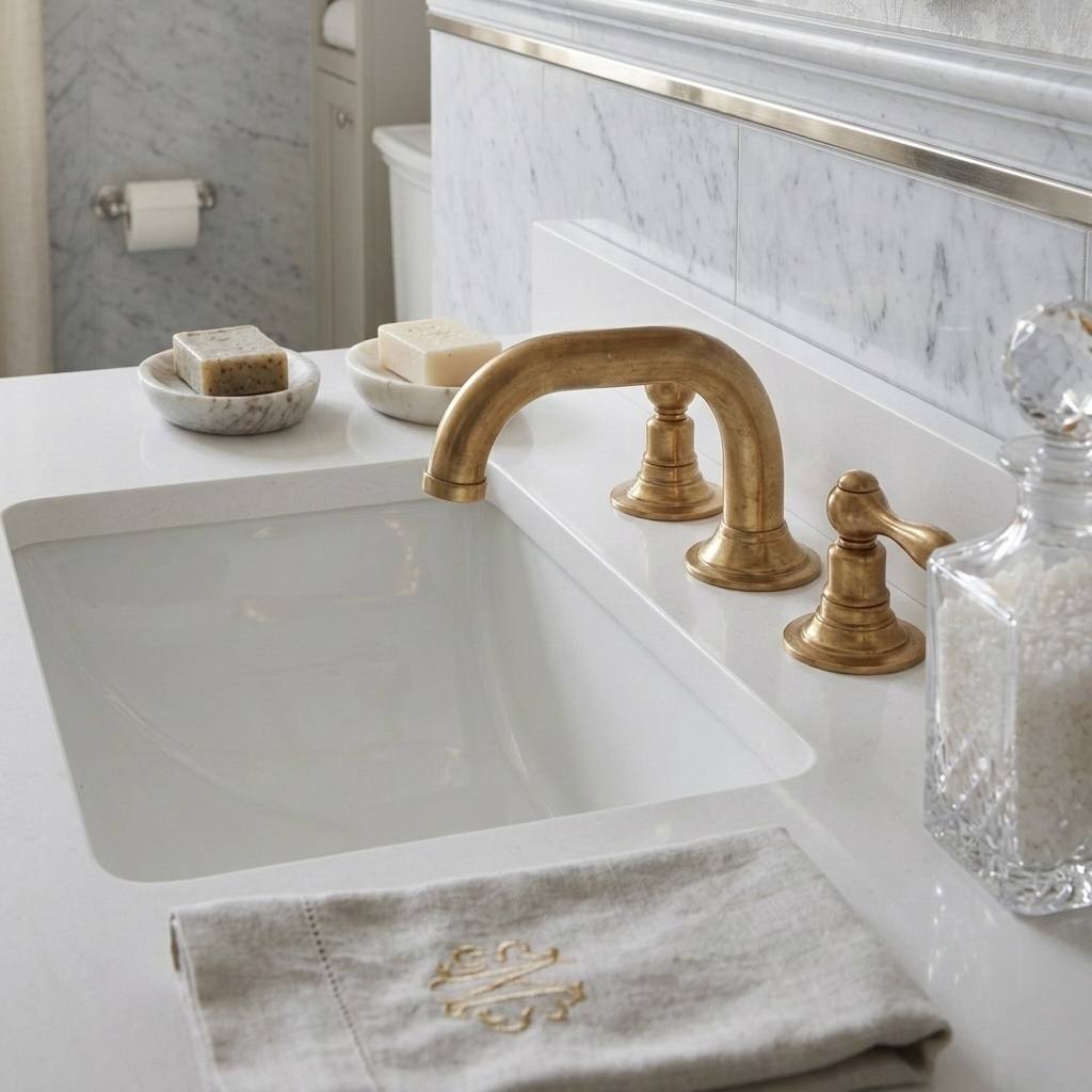 Gooseneck Widespread Unlacquered Brass Bathroom Faucet – Lever Handles