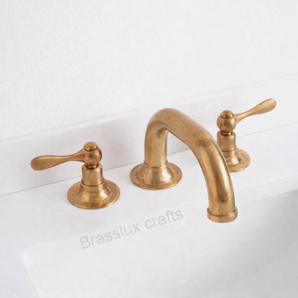 Gooseneck Widespread Unlacquered Brass Bathroom Faucet – Lever Handles