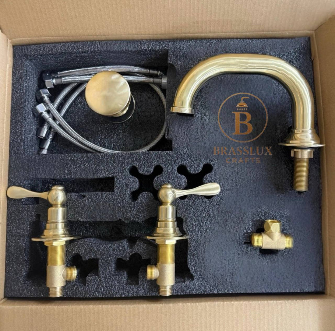 Gooseneck Widespread Unlacquered Brass Bathroom Faucet – Lever Handles