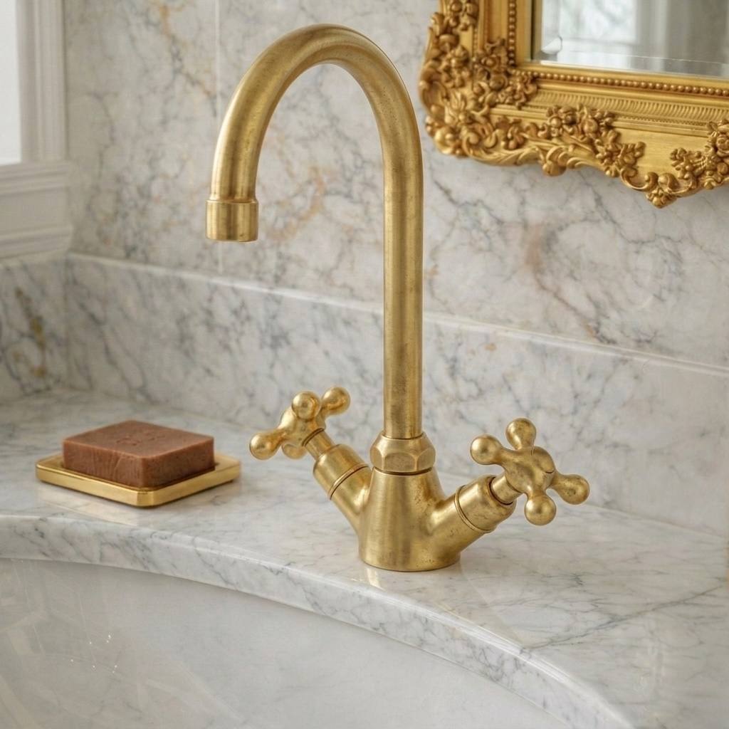 Monaco Unlacquered Brass Single-Hole Faucet | Cross Handles
