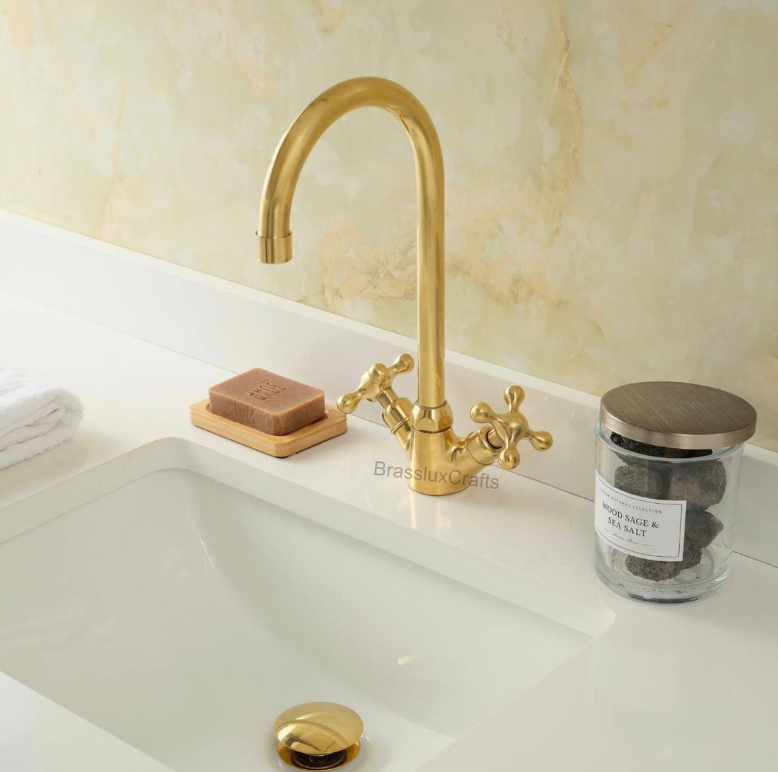 Monaco Unlacquered Brass Single-Hole Faucet | Cross Handles