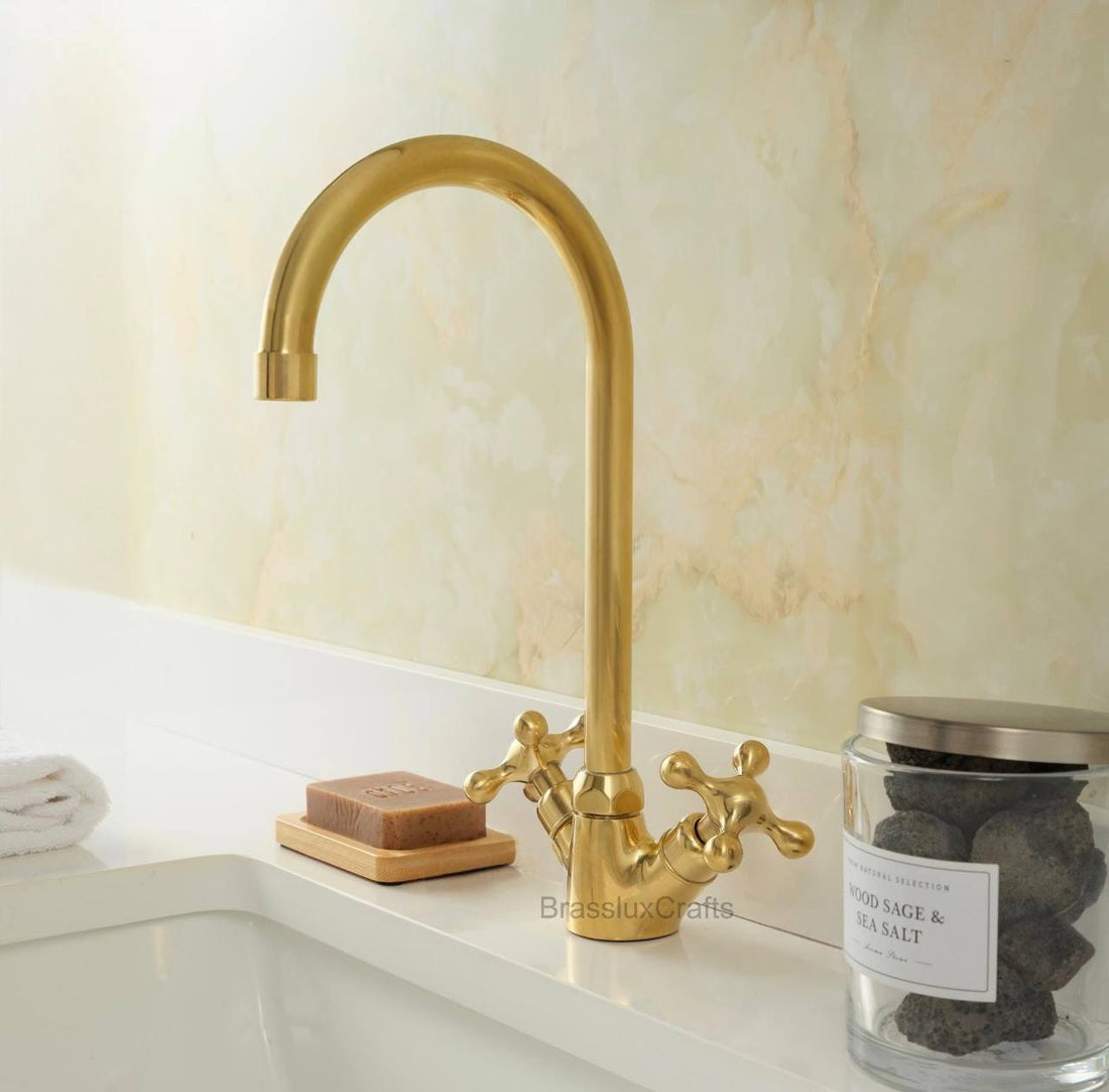 Monaco Unlacquered Brass Single-Hole Faucet | Cross Handles