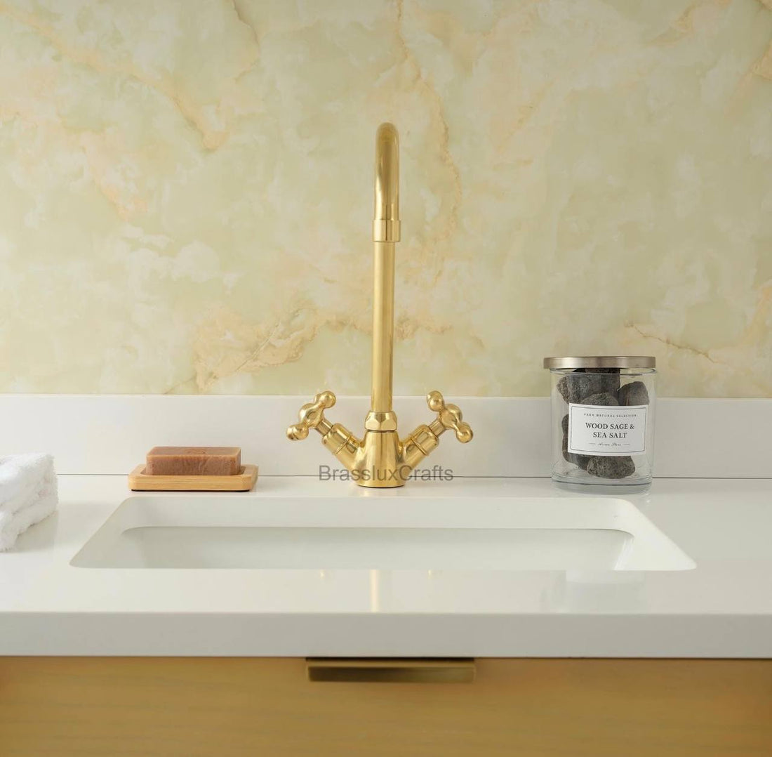 Monaco Unlacquered Brass Single-Hole Faucet | Cross Handles