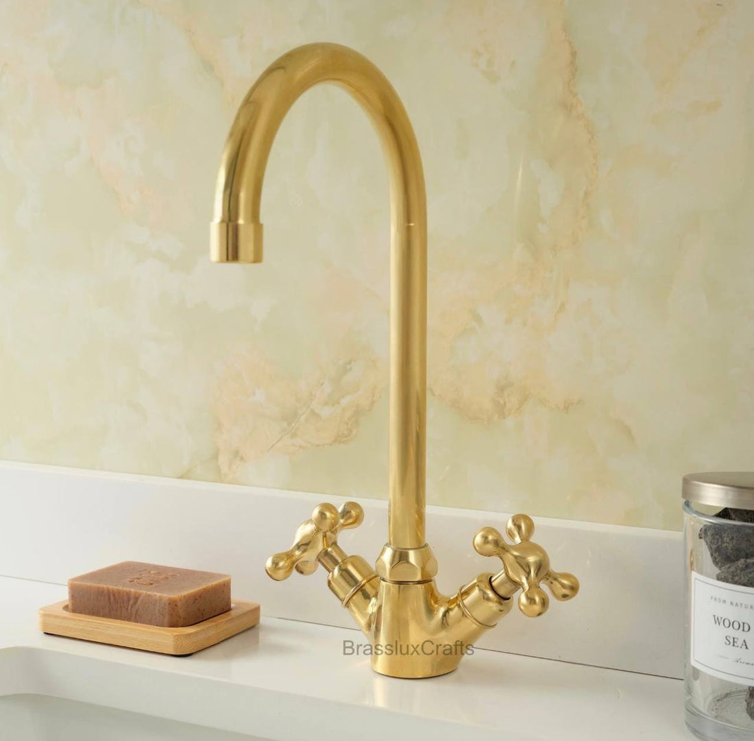 Monaco Unlacquered Brass Single-Hole Faucet | Cross Handles