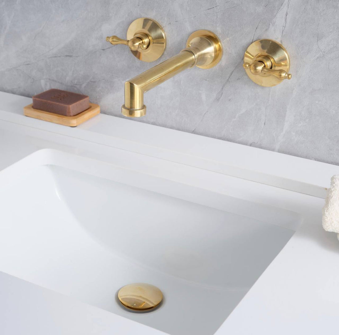 Avila Unlacquered Brass Wall-Mount Bathroom Faucet | Lever Handles