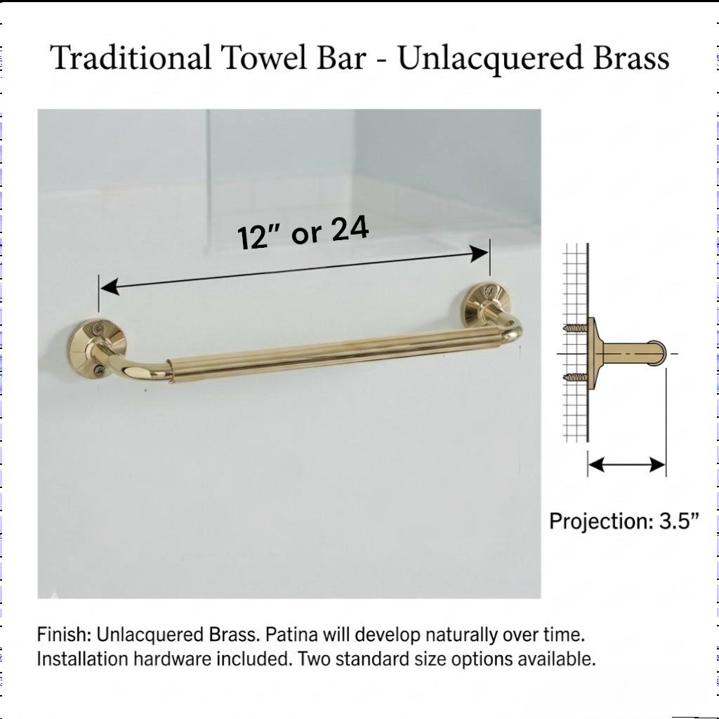 Brass Traditional Towel Bar 12" or 24"