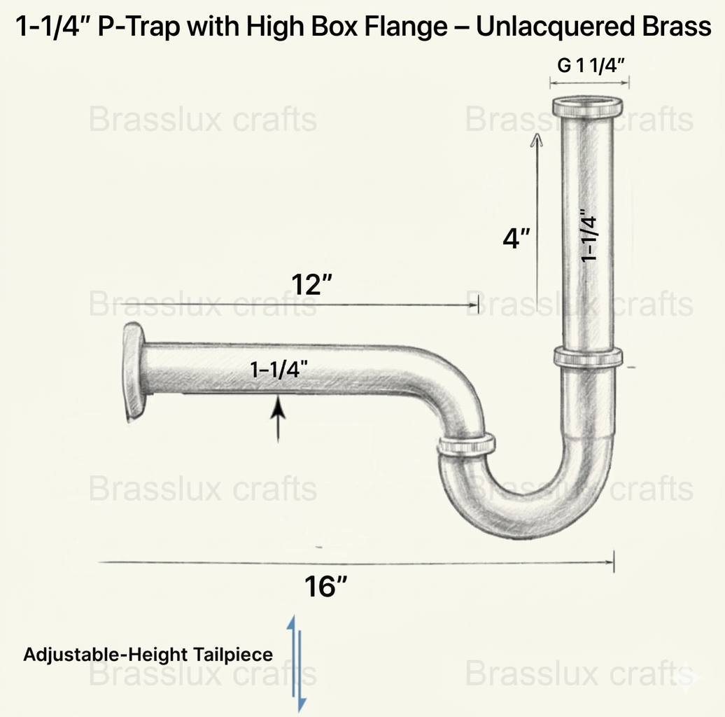 Siphon en P de 1-1/4 po avec bride haute – Laiton non verni