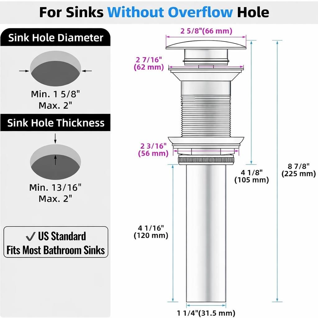 Brass Push-Up Sink Drain – No Overflow