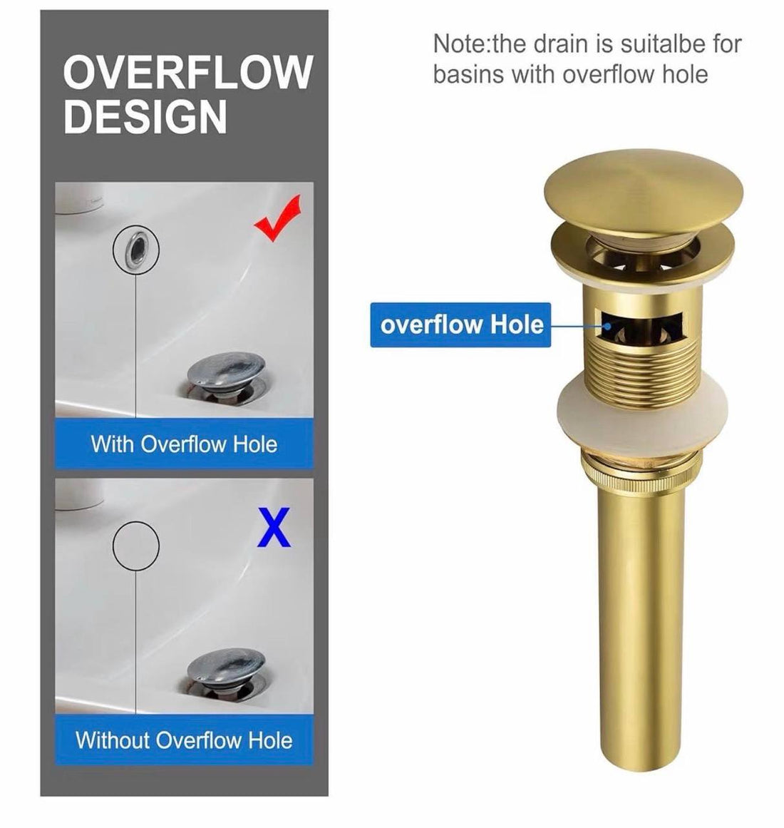 Brass Push-Up Sink Drain – With Overflow