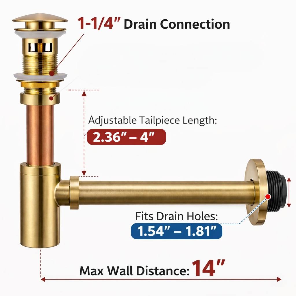 1-1/4” Round Bottle P-Trap – Unlacquered Brass