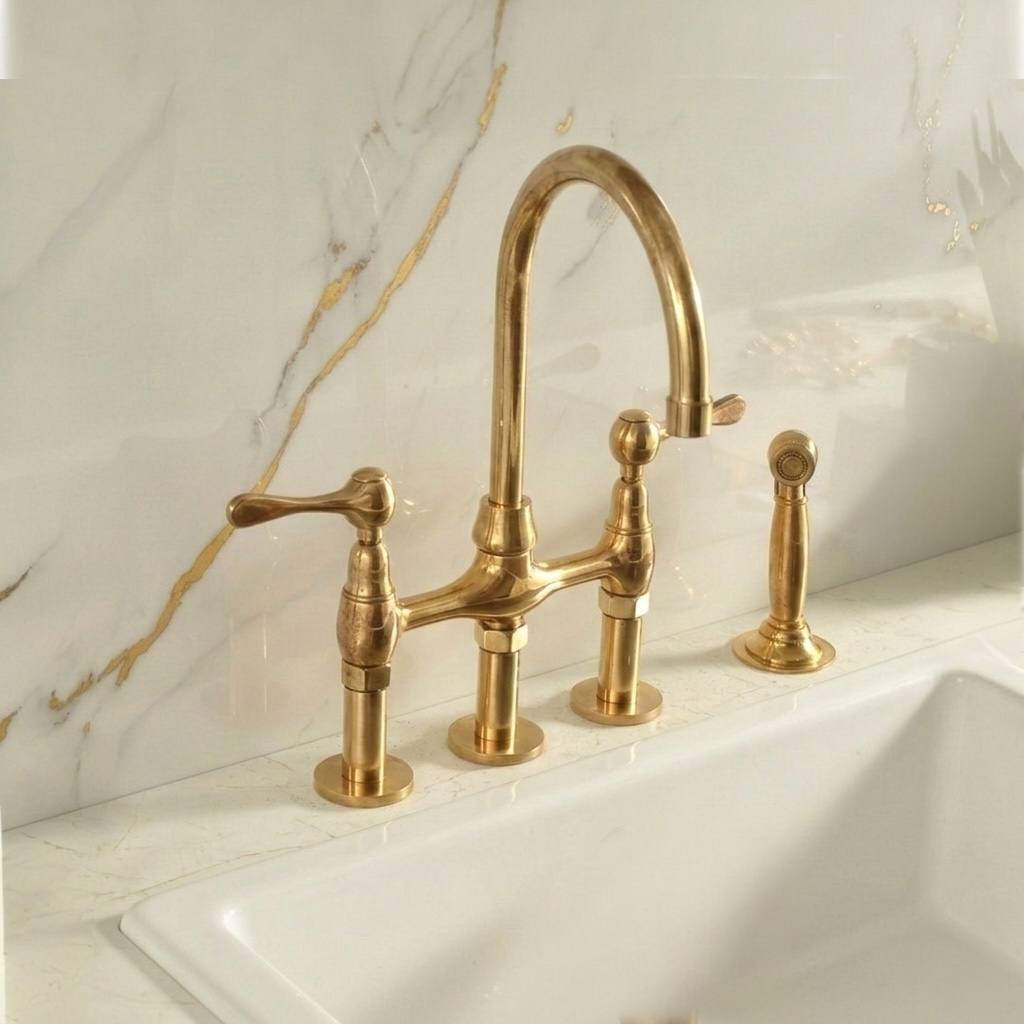 Eiffel Bridge Kitchen Faucet with Side Sprayer – Unlacquered Brass