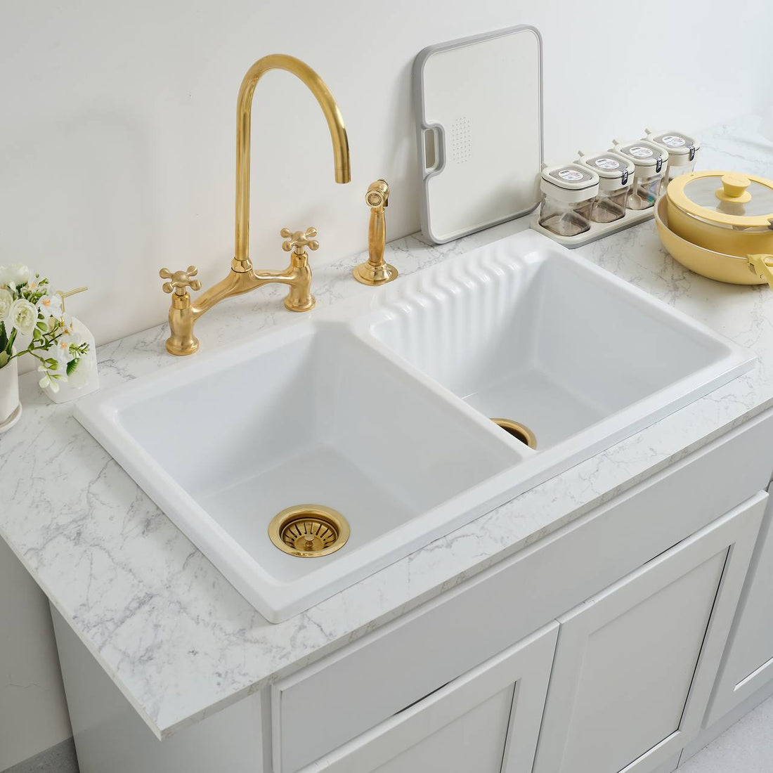 Victorian Bridge Unlacquered Brass Kitchen Faucet – Simple Cross Handle
